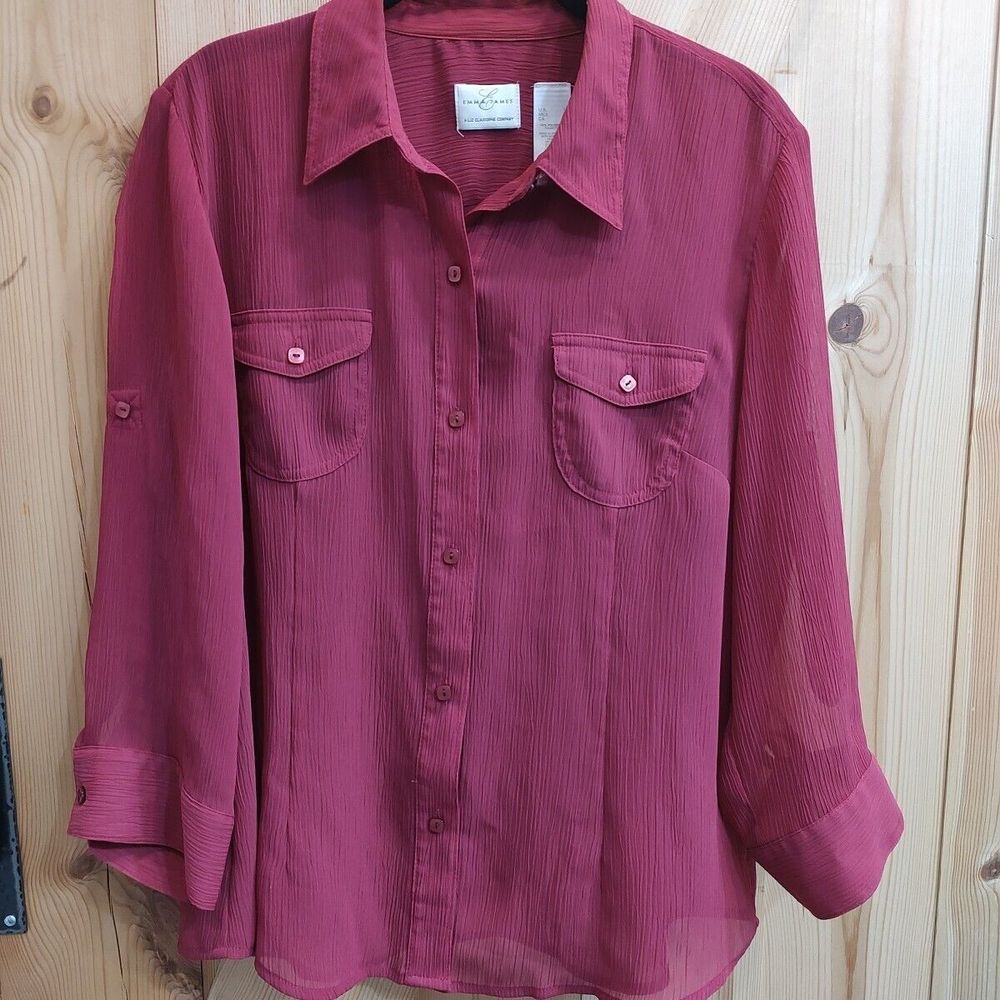 EMMA JAMES Fuschia  Sheer Textured  Blouse Sz Large‎ Roll Tab Sleeves Pockets